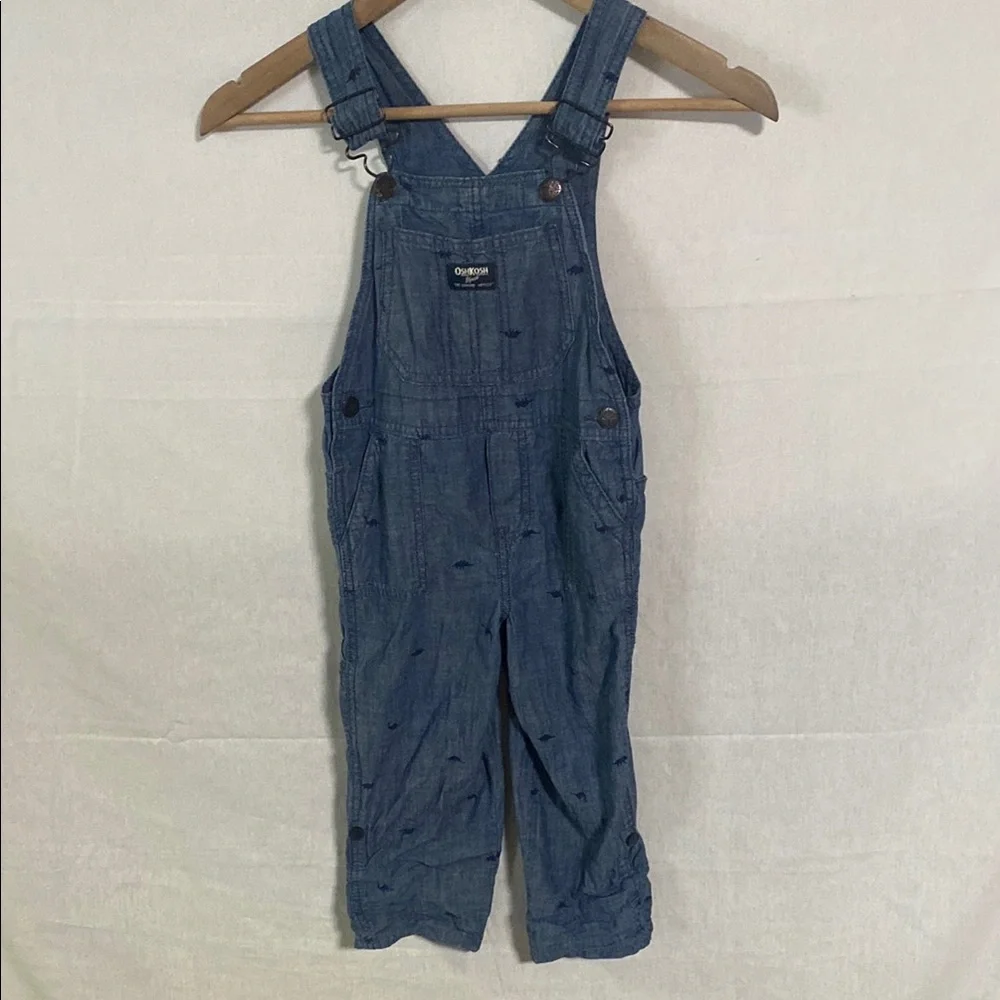 OshKosh B'gosh Classic Blue Denim Overalls with tiny dinosaurs wear long or roll